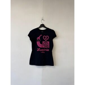 VTG Luxirie By‎ LRG Shirt Womens Large Black Pink Giraffe Heart Tee T-Shirt y2K